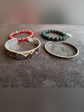 Rustic Cuff Bracelet Set of 4 Red Beaded Pave Mosaic Cuff
